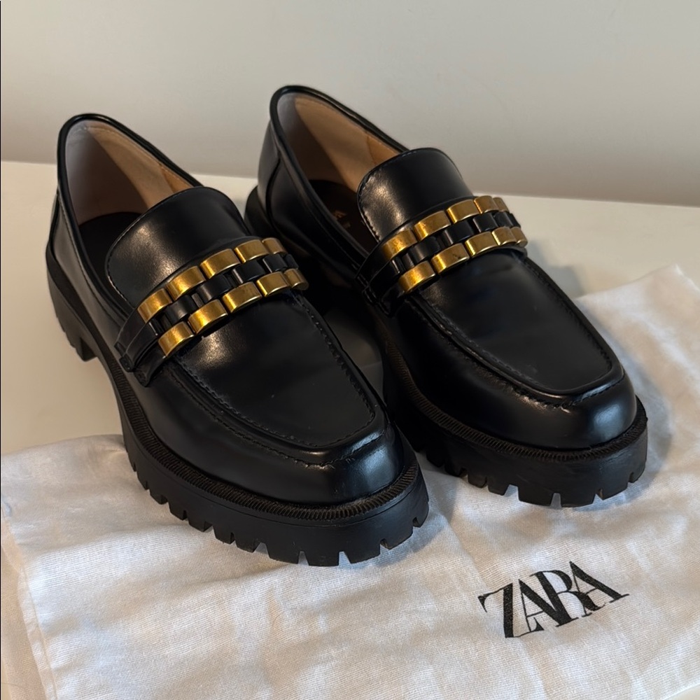 Zara Black Loafers with Gold Accents